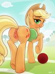  2016 applejack_(mlp) ball blonde_hair butt cloud cutie_mark earth_pony equine female feral freckles friendship_is_magic green_eyes hair hat hi_res hooves horse long_hair looking_at_viewer mammal my_little_pony outside pony pussy solo syoee_b tree underhoof 