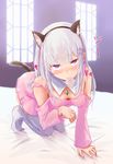  all_fours animal_ears bare_shoulders bed_sheet blush breasts cat_ears cat_tail cleavage condom condom_in_mouth covered_nipples dress elf emilia_(re:zero) fake_animal_ears flower hair_flower hair_ornament hair_ribbon highres indoors long_hair looking_at_viewer mouth_hold on_bed paw_pose pink_dress pointy_ears purple_eyes re:zero_kara_hajimeru_isekai_seikatsu ribbon shiro_(maple_syrup9) short_dress silver_hair small_breasts solo tail thighhighs white_legwear window 