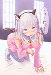  all_fours animal_ears bare_shoulders bed_sheet blush breasts cat_ears cat_tail cleavage covered_nipples dress elf emilia_(re:zero) fake_animal_ears flower hair_flower hair_ornament hair_ribbon highres indoors long_hair looking_at_viewer on_bed paw_pose pink_dress pointy_ears purple_eyes re:zero_kara_hajimeru_isekai_seikatsu ribbon shiro_(maple_syrup9) short_dress silver_hair small_breasts solo tail thighhighs translated white_legwear window 