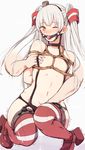  1girl amatsukaze_(kantai_collection) arched_soles areolae ball_gag bdsm black_panties blush bondage bound breast_bondage breast_grab breasts brown_eyes choker commentary_request covered_nipples disembodied_limb drooling gag gagged garter_straps grabbing hair_ornament hand_in_panties hands hat hetero highres kantai_collection long_hair lowleg lowleg_panties mini_hat navel nose_blush onapan one_eye_closed panties saliva shibari shoes silver_hair simple_background small_breasts solo_focus strap_gap suspenders tears thighhighs topless two_side_up underwear underwear_only windsock 