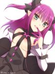  breasts elizabeth_bathory_(fate) elizabeth_bathory_(fate)_(all) eyebrows eyebrows_visible_through_hair fate/extra fate/extra_ccc fate_(series) finger_to_mouth green_eyes horns long_hair medium_breasts ookami_maito open_mouth pointy_ears purple_hair simple_background small_breasts solo white_background 