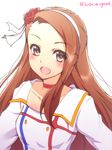  :d blush brown_eyes brown_hair choker collarbone eyebrows eyebrows_visible_through_hair flower hair_flower hair_ornament hair_ribbon hairband idolmaster idolmaster_(classic) long_hair minase_iori ookami_maito open_mouth red_flower ribbon simple_background smile solo starpiece_memories twitter_username upper_body white_background white_ribbon 