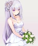  bare_shoulders blush bouquet braid breasts bride cleavage collarbone cowboy_shot dress elf emilia_(re:zero) ep_(emio_parn) flower french_braid frilled_dress frills hair_flower hair_ornament light_smile long_hair looking_at_viewer medium_breasts pointy_ears purple_eyes re:zero_kara_hajimeru_isekai_seikatsu silver_hair smile solo wedding_dress white_dress 