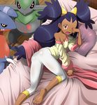  absurdres ass bad_revision barefoot bed bed_sheet brown_hair dark_skin downscaled_revision feet fraxure gabite gen_4_pokemon gen_5_pokemon highres iris_(pokemon) long_hair looking_at_viewer looking_back md5_mismatch mm_(pixiv2899112) off_shoulder on_bed pantylines pillow pokemon pokemon_(anime) pokemon_(creature) pokemon_bw_(anime) tears very_long_hair waking_up wiping_eyes yawning 