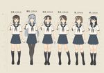  absurdres alternate_costume arm_behind_back ayanami_(kantai_collection) beret black_footwear black_legwear blouse blue_hair brown_hair character_name chart commentary_request fubuki_(kantai_collection) gloves hat height_chart height_difference highres kantai_collection key_kun kneehighs long_hair looking_at_viewer multiple_girls murakumo_(kantai_collection) neckerchief oboro_(kantai_collection) open_mouth pantyhose pleated_skirt ponytail sailor_collar salute school_uniform serafuku shikinami_(kantai_collection) shoes short_hair skirt smile standing thigh_gap translated ushio_(kantai_collection) white_blouse white_gloves 