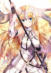  armor armored_dress armpits backlighting bare_shoulders blonde_hair blue_eyes blush breasts chain commentary_request cowboy_shot fate/apocrypha fate/grand_order fate_(series) flag flower gauntlets headpiece jeanne_d'arc_(fate) jeanne_d'arc_(fate)_(all) long_hair looking_at_viewer medium_breasts parted_lips sheath sheathed solo sword weapon xephonia 