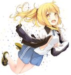  :d beifeng_han blonde_hair cyou_shigen jacket long_hair looking_at_viewer open_mouth original shoes shorts smile sneakers solo track_jacket yellow_eyes 