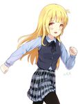  :d beifeng_han blonde_hair blush cyou_shigen highres long_hair open_mouth original pantyhose plaid plaid_skirt simple_background skirt smile solo white_background 