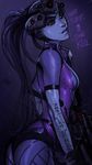  ass bodysuit breasts gun head_mounted_display lips long_hair mike_nesbitt mole overwatch ponytail purple_skin rifle silk small_breasts sniper_rifle solo spider_web tattoo visor weapon widowmaker_(overwatch) yellow_eyes 