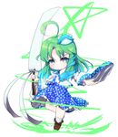  ahoge blue_eyes blue_hair blue_skirt brown_footwear chibi detached_sleeves frilled_skirt frills frog_hair_ornament full_body gohei gradient_hair green_hair hair_ornament highres huge_ahoge kochiya_sanae long_hair looking_at_viewer multicolored_hair nanahi_toshi open_hand outstretched_arm shirt shoes skirt smile snake_hair_ornament socks solo standing standing_on_one_leg star touhou white_legwear white_shirt wide_sleeves 
