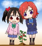  arablue black_hair black_legwear blazer brown_footwear chibi highres jacket love_live! love_live!_school_idol_project multiple_girls nishikino_maki otonokizaka_school_uniform purple_eyes red_eyes red_hair school_uniform shoes soil tomato translated twintails yazawa_nico 