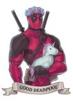  alejandro_tio bodysuit character_name deadpool head_wreath highres katana male_focus marvel muscle pouch solo stuffed_animal stuffed_toy superhero sword unicorn upper_body weapon 