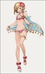  :d bare_shoulders bikini black_border blonde_hair blush bob_cut border braid breasts brown_eyes chabo213 cleavage collarbone cross-laced_footwear djeeta_(granblue_fantasy) flower french_braid frilled_bikini frills front-tie_top full_body granblue_fantasy groin hair_flower hair_ornament halterneck hibiscus navel open_mouth pink_bikini sandals see-through short_hair small_breasts smile solo standing swimsuit thigh_strap wedge_heels wristband 