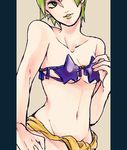  bare_shoulders bikini_top breasts contrapposto cosplay foo_fighters green_eyes green_hair green_lipstick hand_on_hip highres jojo_no_kimyou_na_bouken lipstick makeup medium_breasts midler midler_(cosplay) navel pelvic_curtain pillarboxed saichuu_(more1208) short_hair smile solo standing stardust_crusaders stone_ocean 