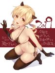  1girl 2019 alternate_costume animal_ears ass bangs bikini blonde_hair blush breasts brown_legwear cleavage collarbone commentary_request drill_hair elbow_gloves eyebrows_visible_through_hair gloves hair_between_eyes large_breasts long_hair looking_at_viewer mahou_shoujo_madoka_magica open_mouth po_ni side-tie_bikini simple_background skindentation smile solo swimsuit thighhighs tomoe_mami twin_drills 