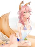  animal_ears bikini blush breasts cleavage fate/extra fate/grand_order fate_(series) fox_ears fox_tail highres large_breasts looking_at_viewer ninoude_(ninoude44) pink_hair see-through solo swimsuit tail tamamo_(fate)_(all) tamamo_no_mae_(fate) tongue tongue_out yellow_eyes 