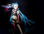  1girl belt blue_hair bullets cleavage jewelry jinx_(league_of_legends) league_of_legends lipstick long_hair makeup middle_finger necklace pink_eyes pink_lipstick shorts tattoo twintails 