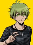  amami_rantarou bracelet danganronpa ear_piercing green_eyes green_hair hisida jewelry male_focus necklace new_danganronpa_v3 piercing ring shirt simple_background sleeves_pushed_up smile solo striped striped_shirt thumb_ring upper_body v yellow_background 