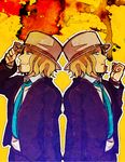  adjusting_clothes adjusting_hat arm_up back-to-back beard blonde_hair blue_eyes blue_neckwear boater_hat bracelet danganronpa danganronpa_3 dual_persona facial_hair formal hat hisida jewelry kizakura_kouichi looking_at_viewer male_focus multiple_boys mustache necktie simple_background smile suit upper_body yellow_background 