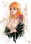  alejandro_tio breasts ear_piercing earrings flower jacket jewelry large_breasts long_hair nipples off_shoulder orange_hair original piercing purple_eyes rose sketch smile solo stud_earrings tattoo topless watermark 