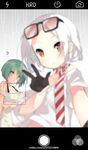  ? bare_shoulders black_gloves blurry blush breasts eyewear_on_head gloves green_hair half_gloves large_breasts looking_at_viewer multiple_girls orange_eyes phone_screen reaching_out ribbon saru self_shot shirt short_hair striped striped_ribbon v vittorio_veneto_(zhan_jian_shao_nyu) watermark web_address weibo_id white_hair white_shirt yellow_eyes zhan_jian_shao_nyu 