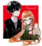  1girl amamiya_ren black_eyes black_hair brown_eyes chidori_(@rom) glasses headphones jacket long_hair orange_hair persona persona_5 sakura_futaba shuujin_academy_uniform 