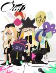  6+girls aachin_(splatoon) absurdres balloon band bibi_(splatoon) black_footwear blonde_hair boots dress green_eyes green_skin hat highres ink karen_(splatoon) kazoo kitamura_(splatoon) long_hair mayaya_(splatoon) microphone multicolored_hair multiple_girls nautilus_(animal) necktie paper purple_hair sea_urchin simple_background sitting splatoon splatoon_(series) splatoon_2 stereo suparamen tentacle_hair white_background white_footwear yoko_(splatoon) 