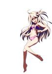  :d absurdres ahoge bare_legs bare_shoulders barefoot bikini breasts cleavage fate/kaleid_liner_prisma_illya fate_(series) flipped_hair full_body halterneck highres illyasviel_von_einzbern light_brown_hair long_hair looking_at_viewer navel one_side_up open_mouth purple_bikini purple_eyes sidelocks simple_background small_breasts smile solo swimsuit takeuchi_takashi white_background 