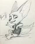  2016 anthro barefoot big_ears canine clothed clothing disney english_text fennec finnick fox full-length_portrait fully_clothed looking_at_viewer male mammal monmokamoko monochrome pencil_(artwork) portrait simple_background sitting sketch solo text tongue tongue_out traditional_media_(artwork) white_background zootopia 