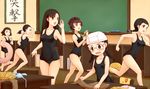  asymmetrical_bangs bad_id bad_pixiv_id bangs black_hair black_swimsuit bra braid brown_eyes classroom fukuda_(girls_und_panzer) girls_und_panzer glasses hamada_(girls_und_panzer) holding hosomi_(girls_und_panzer) ikeda_(girls_und_panzer) indoors long_hair multiple_girls nagura_(girls_und_panzer) nishi_kinuyo one-piece_swimsuit open_mouth round_eyewear running school_swimsuit short_hair single_braid smile standing sweatdrop swim_cap swimsuit tamada_(girls_und_panzer) twin_braids underwear viscount_shishamo wavy_mouth 