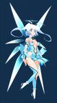  :o absurdres antenna_hair aoba_anoa blue blue_eyes breasts center_opening floating_hair full_body halo highres long_hair medium_breasts navel official_art otomedius simple_background solo thighhighs white_hair wings yoshizaki_mine 