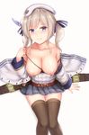  bare_shoulders beret blue_eyes breasts breasts_outside cai_geng collarbone cucouroux_(granblue_fantasy) granblue_fantasy grey_hair hat highres large_breasts nipples skirt solo thighhighs 