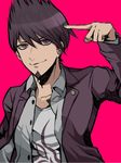  beard danganronpa facial_hair hisida jacket jacket_on_shoulders male_focus momota_kaito new_danganronpa_v3 pink_eyes pointing pointing_at_self purple_eyes purple_hair purple_jacket smile solo upper_body 