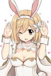  ;d animal_ears bad_hands bangs blonde_hair blush breasts brown_eyes bunny_ears bunny_pose cape cleavage djeeta_(granblue_fantasy) eyebrows eyebrows_visible_through_hair flower granblue_fantasy hair_between_eyes hair_flower hair_intakes hair_ornament hairband heart highres leotard medium_breasts ocha_(ochappie) one_eye_closed open_mouth sage_(granblue_fantasy) short_hair simple_background smile solo upper_body white_background white_leotard wrist_cuffs 