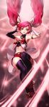  alternate_costume alternate_hair_color armlet armpits arms_up bare_shoulders belt black_gloves black_legwear boots fingerless_gloves gloves goomrrat hair_ornament heart heart-shaped_pupils highres jinx_(league_of_legends) league_of_legends light_beam long_hair looking_at_viewer midriff mismatched_gloves navel short_shorts shorts smile solo star_guardian_jinx symbol-shaped_pupils thighhighs twintails white_gloves 