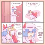  2girls ascot blonde_hair blue_hair bow comic door dress english falling flandre_scarlet glomp hat hat_bow hat_ribbon highres hug implied_futanari meme mob_cap multiple_girls opening_door pink_dress pink_hat pouncing puffy_short_sleeves puffy_sleeves red_dress red_eyes red_footwear remilia_scarlet ribbon shoes short_hair short_sleeves siblings side_ponytail sisters touhou typo white_hat wings yoruny 