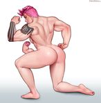  ass back biceps breasts erection flexing futanari looking_at_viewer looking_back medium_breasts muscle muscular_female neocoill nude one_knee overwatch penis pink_hair plantar_flexion pose short_hair sideboob simple_background smile solo very_short_hair what zarya_(overwatch) 