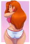  2018 adjusting_hair beauty_mark big_butt big_hair bra breasts brown_eyes butt butt_pose canid canine canis clothing disney domestic_dog ear_piercing ear_ring female from_behind_(disambiguation) goof_troop hair half-closed_eyes hand_in_hair lavenderpandy lighting lipstick long_hair looking_at_viewer looking_back makeup mammal mascara panties parted_bangs piercing pink_background pink_bra portrait pose red_hair roxanne_(goof_troop) shadow shiny_hair simple_background small_waist solo sports_bra standing striped_panties thigh_gap three-quarter_portrait underwear wide_hips 