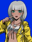  bikini_top blue_background danganronpa dark_skin ganguro green_eyes hisida jacket jewelry long_hair necklace new_danganronpa_v3 open_mouth pointing pointing_at_self shell silver_hair simple_background solo swimsuit upper_body yellow_jacket yonaga_angie 