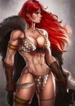  abs anklet armlet armor bikini_armor breasts cape cleavage dagger dandon_fuga fur_cape gloves huge_breasts jewelry long_hair looking_to_the_side muscle muscular_female navel red_hair red_sonja red_sonja_(comics) solo stomach sword weapon 