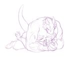  2015 3_toes 4_fingers anthro big_dom_small_sub claws custapple cute digital_drawing_(artwork) digital_media_(artwork) duo eye_contact fear holding_head horn imminent_sex kobold lying male male/male monochrome plantigrade purple_and_white reptile scalie simple_background size_difference snout suggestive toes white_background 