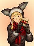  :d ^_^ animal_hat blonde_hair blush braid brown_coat brown_gloves closed_eyes coat fur_trim gift gift_bag gloves gradient gradient_background happy hat head_tilt heart highres holding holding_gift hotateyuki long_hair nose_blush open_mouth original plaid plaid_scarf red_ribbon red_scarf ribbon scarf smile solo twin_braids upper_body valentine 