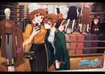  ahoge bag beanie belt black_skirt braid brown_eyes brown_hair cellphone clothes copyright_name denim eyewear_on_head gotland_(zhan_jian_shao_nyu) green_jacket hand_on_another's_shoulder handbag hat highres holding holding_cellphone holding_phone hyuuga_(zhan_jian_shao_nyu) indoors ise_(zhan_jian_shao_nyu) jacket jacket_on_shoulders jeans lens_flare long_skirt mannequin multiple_girls open_mouth orange_shirt pants phone ponytail self_shot shirt shop side_braid sign skirt smile striped striped_shirt teeth thumbs_up v watch wristwatch zhan_jian_shao_nyu zhuo_liang 