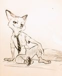  2016 anthro barefoot canine clothed clothing disney fox full-length_portrait fully_clothed half-closed_eyes looking_at_viewer male mammal monmokamoko monochrome necktie nick_wilde pawpads pencil_(artwork) plantigrade portrait simple_background sketch smile solo traditional_media_(artwork) white_background zootopia 