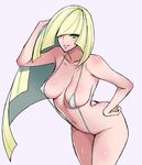  ass blonde_hair body_blush breasts cleavage collarbone covered_nipples green_eyes grey_background hair_over_one_eye hand_on_hip highres large_breasts lips long_hair looking_at_viewer lusamine_(pokemon) navel pokemon pokemon_(game) pokemon_sm shiny shiny_hair shiny_skin simple_background slingshot_swimsuit smile solo swimsuit usagi_nagomu white_swimsuit 