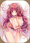  1girl angel_wings bare_shoulders blush bra bracelet braid breast_hold breasts character_request cleavage female large_breasts leaning_forward loincloth long_hair looking_at_viewer necklace red_eyes red_hair sakurano_tsuyu solo standing tales_of_symphonia thighs very_long_hair white_wings wings 