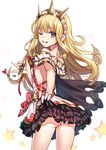  ;d ass back bangs bare_arms bare_shoulders black_cape blonde_hair cagliostro_(granblue_fantasy) cape cowboy_shot crown dress eyebrows eyebrows_visible_through_hair eyelashes frills from_behind granblue_fantasy hairband heart holding lifted_by_self lipstick lipstick_tube long_hair looking_at_viewer looking_back makeup microdress off_shoulder one_eye_closed open_mouth plaid purple_eyes red_lipstick ririko_(zhuoyandesailaer) skirt skirt_lift smile solo sparkle star white_background 