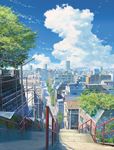  blue_sky building cityscape cloud cloudy_sky day highres kimi_no_na_wa no_humans official_art outdoors power_lines road scenery sett shadow sky stairs tree 