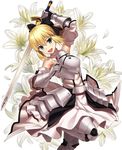  :d ahoge arm_up armor armored_dress artoria_pendragon_(all) bare_shoulders black_bow blonde_hair blush bow dress fate/unlimited_codes fate_(series) floral_background flower gauntlets green_eyes hair_bow holding holding_sword holding_weapon leg_up lily_(flower) long_sword looking_at_viewer npcpepper open_mouth ponytail saber saber_lily smile solo sword v-shaped_eyebrows weapon white_background 