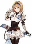  &gt;:) bad_hands bangs black_gloves black_legwear blonde_hair blush breasts brown_eyes cleavage cleavage_cutout closed_mouth djeeta_(granblue_fantasy) falchion_(weapon) gauntlets gloves granblue_fantasy granblue_fantasy_project_re:link hair_between_eyes hair_intakes hairband looking_at_viewer medium_breasts miniskirt nemun_(tamizzz) pauldrons pleated_skirt salute sheath sheathed short_hair simple_background skirt smile solo sword thighhighs underbust v-shaped_eyebrows weapon white_background white_skirt zettai_ryouiki 